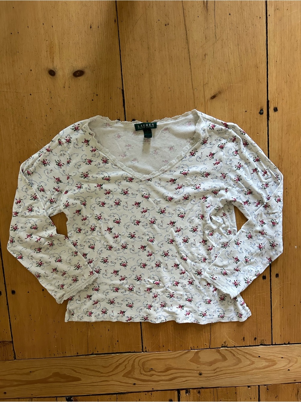 Ralph Lauren Floral White Long Sleeve Top with Lace Trim and Embroidered Logo